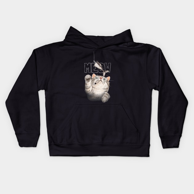 meow slogan with cute cat reaching for fish bait illustration Kids Hoodie by chenowethdiliff